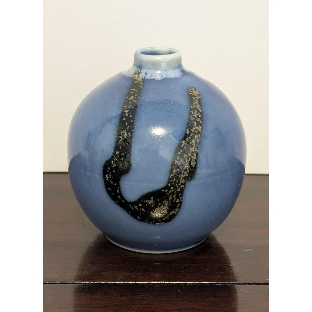Vintage Japanese Studio Pottery Bud Vase Blue Drip Glaze Round Orb Vase Japan